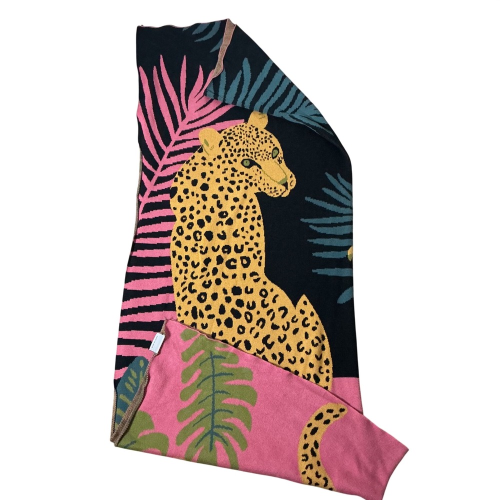 Leopard Tropical Palm Leaf Knit Throw Blanket Pink Black Cotton Modern Decor